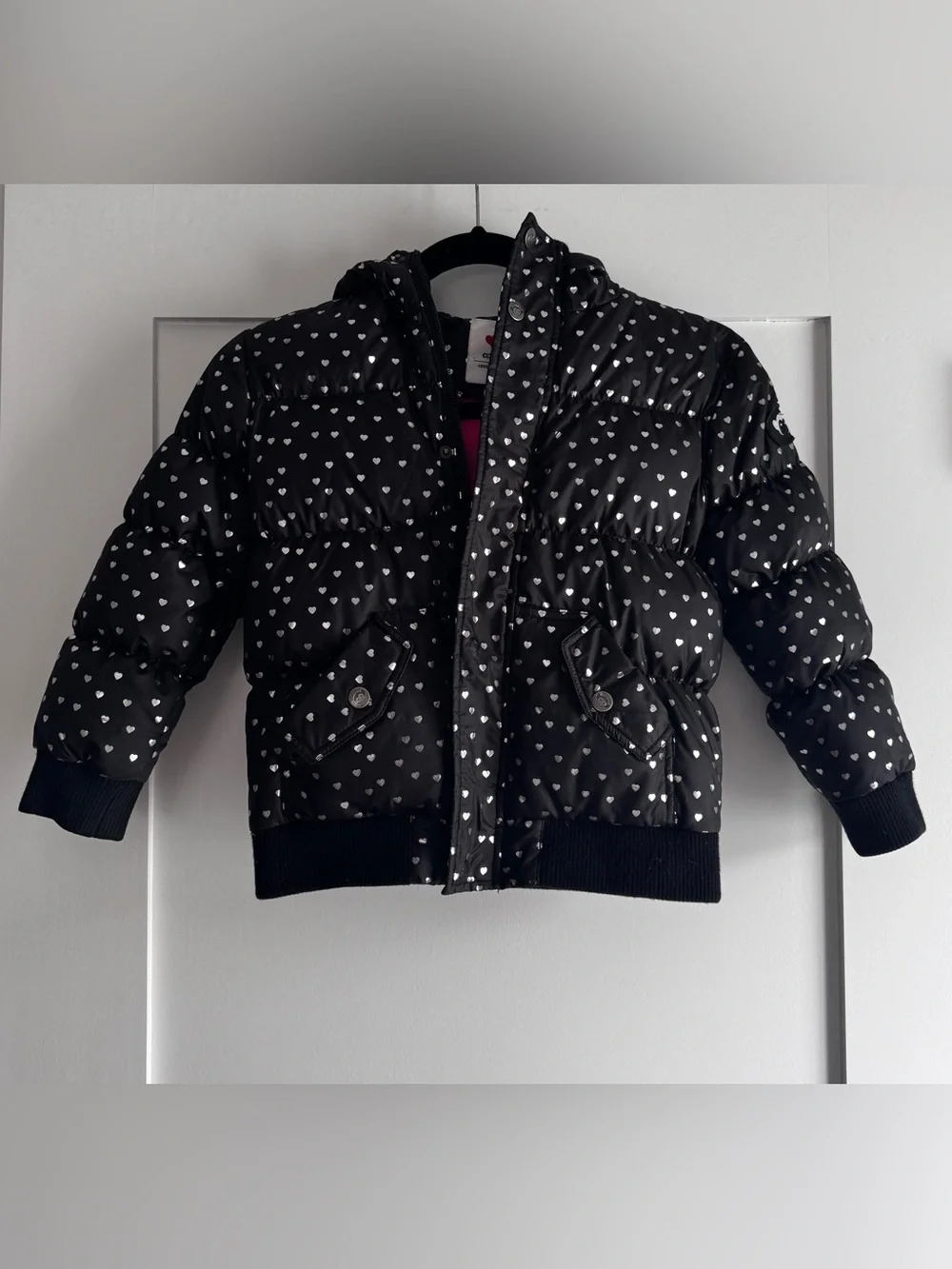 Appaman Girls Hearts Puffy Coat Size 6 Black Silver Down Puffer Jacket Hooded